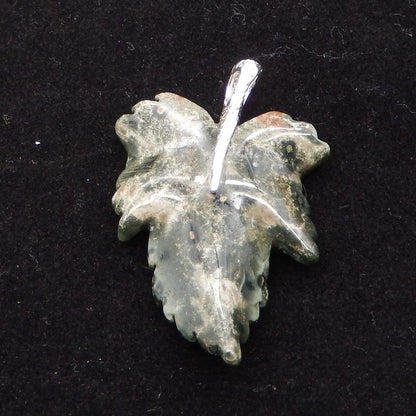 Natural Ocean Jasper Carved leaf Pendant with 925 Sterling Silver 46*30*8mm, 8.8g