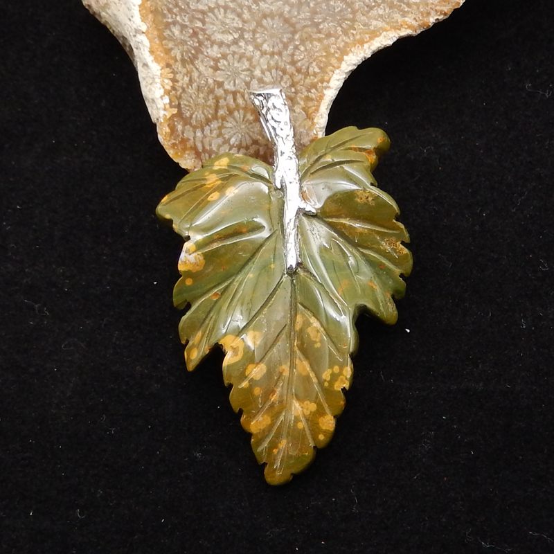 Natural Ocean Jasper Carved leaf Pendant with 925 Sterling Silver 54*33*7mm, 12g