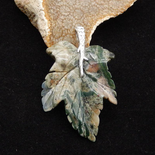 Natural Ocean Jasper Carved leaf Pendant with 925 Sterling Silver 54*33*7mm, 12g - Gomggsale