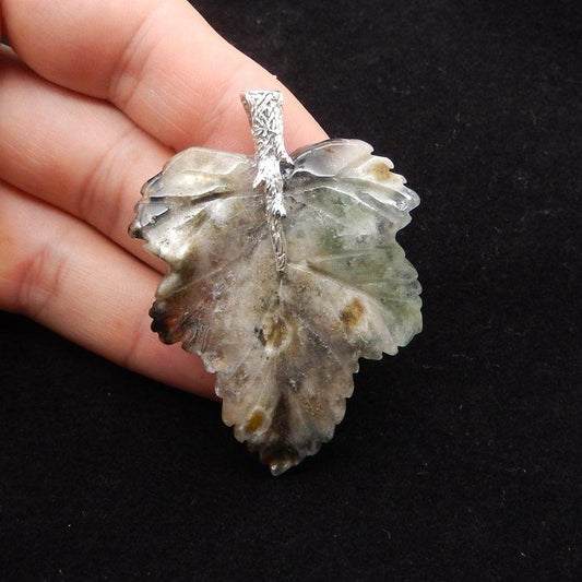 Natural Ocean Jasper Carved leaf Pendant with 925 Sterling Silver 64*45*10mm, 28.5g - Gomggsale