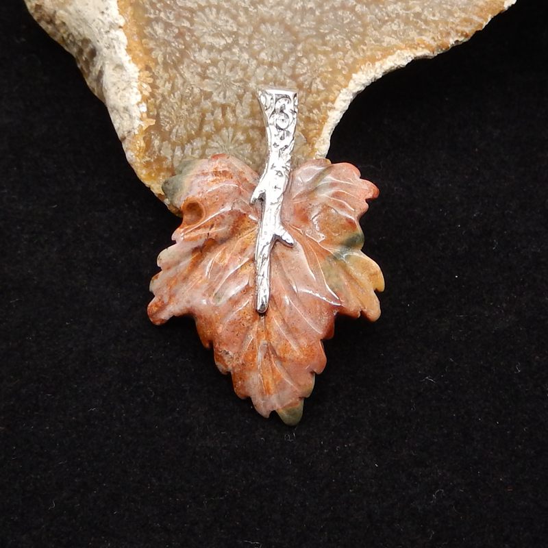Natural Ocean Jasper Carved leaf Pendant with 925 Sterling Silver 38*27*9mm, 7.3g