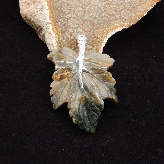 Natural Ocean Jasper Carved leaf Pendant with 925 Sterling Silver 43*29*8mm, 8.9g