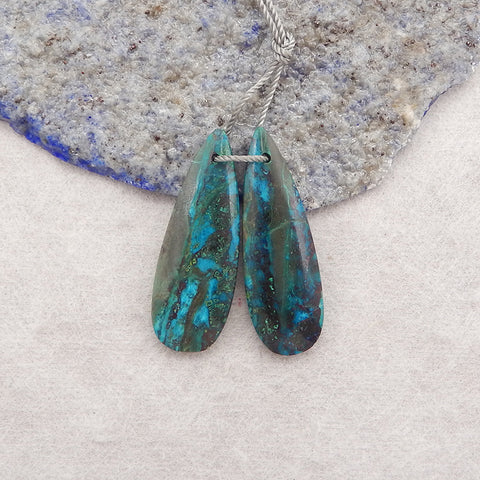 Natural Chrysocolla Gemstone Earring Beads, Drill Gemstone Earrings Pair, 31x10x4mm, 4.4g
