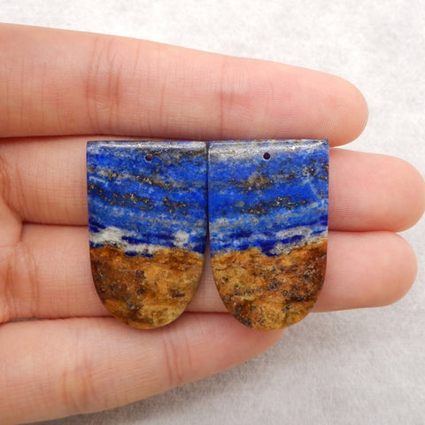Natural Lapis Lazuli Gemstone Earring Beads, Jewelry DIY Making, Drilled Gemstone Pair, 31x20x4mm, 11.9g