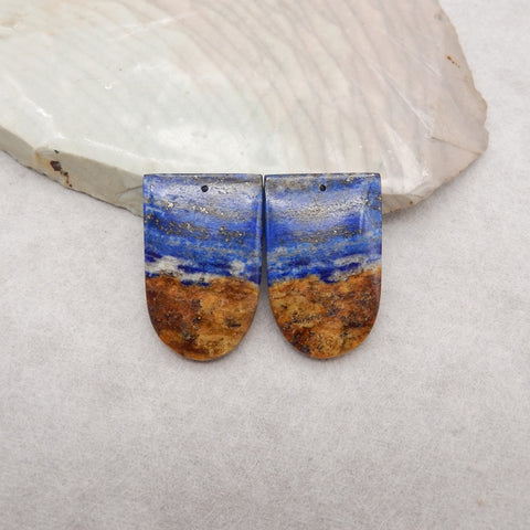 Natural Lapis Lazuli Gemstone Earring Beads, Jewelry DIY Making, Drilled Gemstone Pair, 31x20x4mm, 11.9g