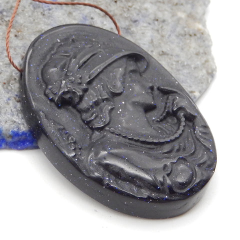 Carved Stone Blue Sand Sun Sitara  Woman Gemstone Pendant Bead, Jewelry DIY Making,40x30x6mm,12.7g