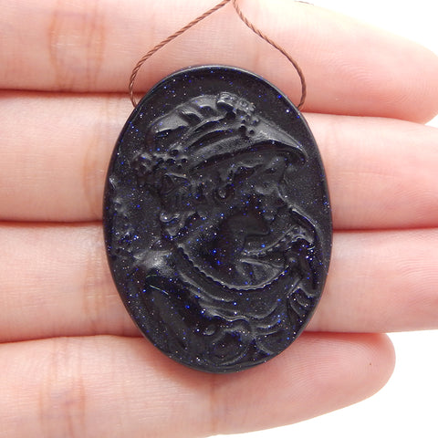 Carved Stone Blue Sand Sun Sitara  Woman Gemstone Pendant Bead, Jewelry DIY Making,40x30x6mm,12.7g