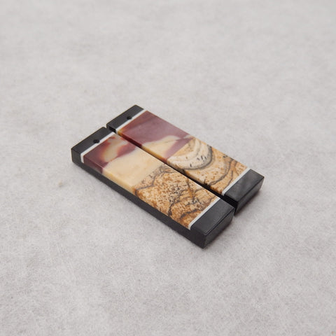 Natural Obsidian, Picture Jasper, Mookaite Jasper Intarsia Rectangle Gemstone Earring Beads, 36x10x4mm, 8.2g