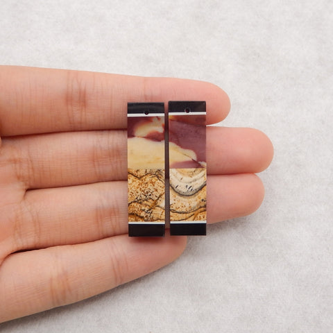 Natural Obsidian, Picture Jasper, Mookaite Jasper Intarsia Rectangle Gemstone Earring Beads, 36x10x4mm, 8.2g