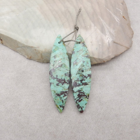 Natural Chrysocolla Marquise Gemstone Earrings Pair, 43x11x4mm, 4.8g