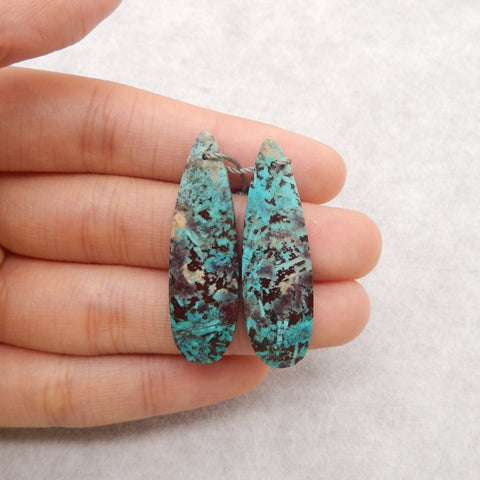 Natural Chrysocolla Teardrop Gemstone Earrings Pair, 38x12x4mm, 5g