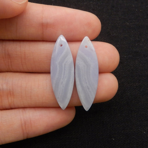 Natural Blue Lace Agate Drilled Marquise Earrings Pair, 29x9x4mm, 3.3g