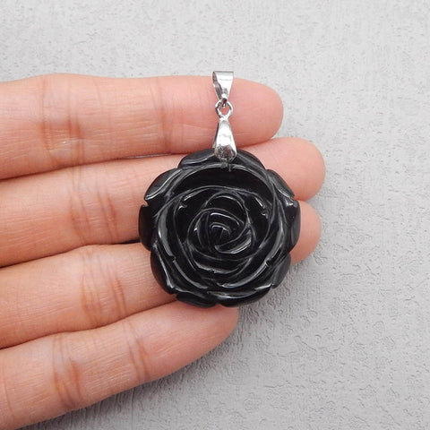 天然宝石黑曜石手工雕刻花卉吊坠,925 纯银枝夹箍,28X28X12mm,9.0g