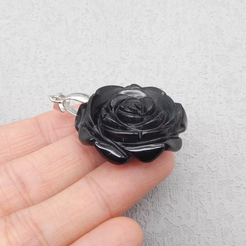 天然宝石黑曜石手工雕刻花卉吊坠,925 纯银枝夹箍,28X28X12mm,9.0g