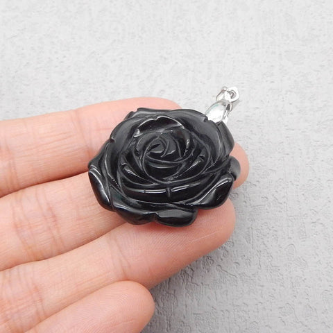 天然宝石黑曜石手工雕刻花卉吊坠,925 纯银枝夹箍,28X28X12mm,9.0g