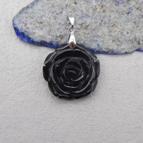 天然宝石黑曜石手工雕刻花卉吊坠,925 纯银枝夹箍,28X28X12mm,9.0g