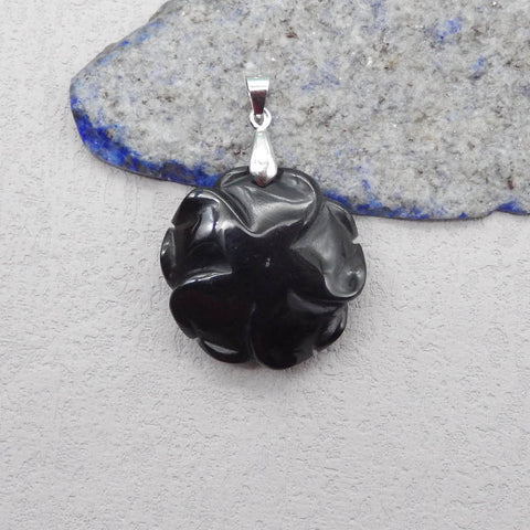 天然宝石黑曜石手工雕刻花卉吊坠,925 纯银枝夹箍,28X28X12mm,9.0g