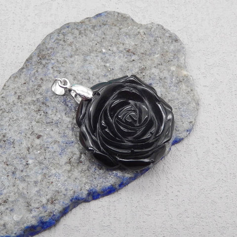 天然宝石黑曜石手工雕刻花卉吊坠,925 纯银枝夹箍,28X28X12mm,9.0g