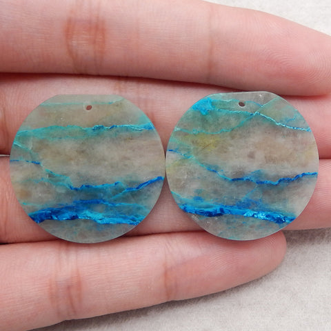 Natural Chrysocolla Gemstone Earring Beads, Drill Gemstone Earrings Pair, 28x30x3mm, 10.9g