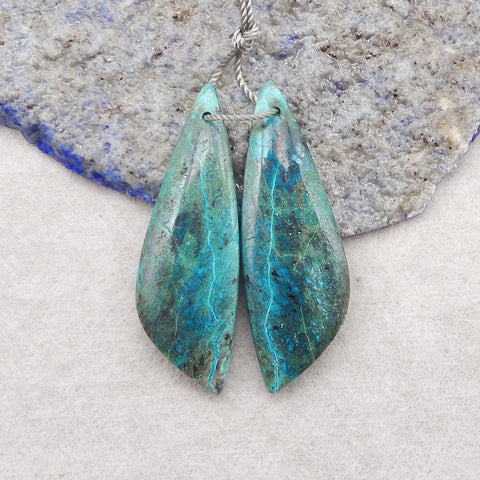 Natural Chrysocolla Gemstone Earring Beads, Drill Gemstone Earrings Pair, 37x13x4mm, 6.1g