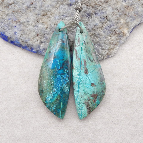 Natural Chrysocolla Gemstone Earring Beads, Drill Gemstone Earrings Pair, 37x13x4mm, 6.1g