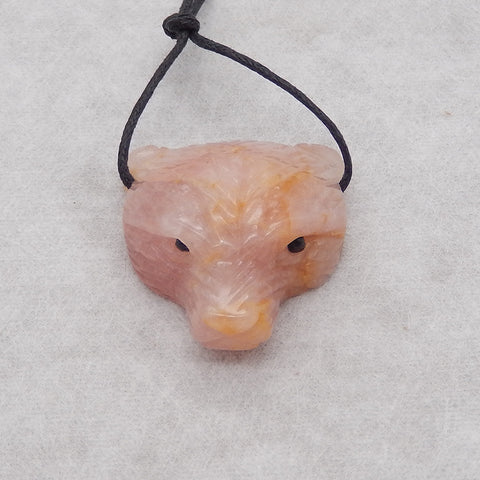 Hand Carved Natural Rose Quartz Bear Head Pendant ,Handmade Gemstone Pendant,36x30x14mm,18.5g