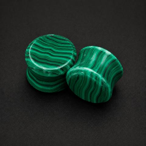 Green Malachite Round Double Flare Stone Plugs - Organic Stone Gauges for Stretched Ears (Sold as Pair)