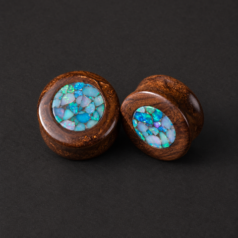 Natural Stone Ear Plugs for Stretched Ears, Boulder Opal Double Flared Gemstone Gauges with Opal Fragment Inlay