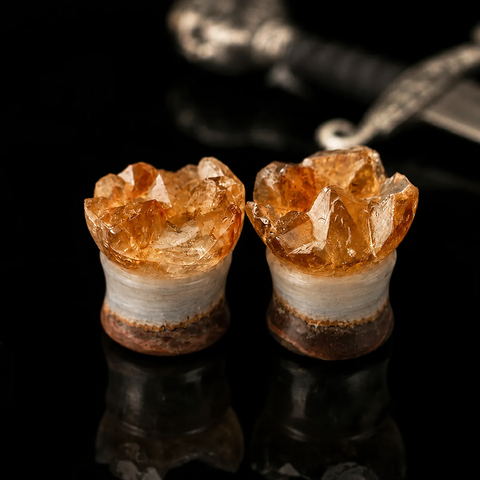 Raw Citrine Cluster Double Flared Plugs - Handcrafted Stone Gauge Pair