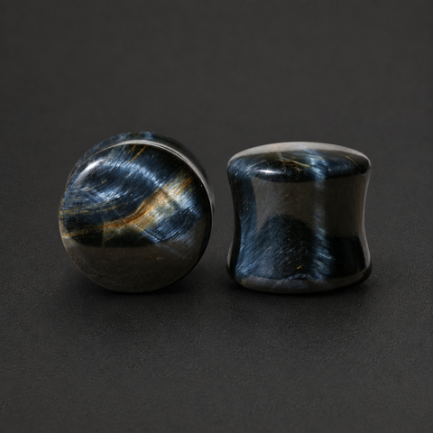 Blue Tiger's Eye Plugs, Hawk's Eye Stone Ear Gauges, Double Flare Saddle Plugs, Organic Body Jewelry, Pair of Indigo Ear Stretchers