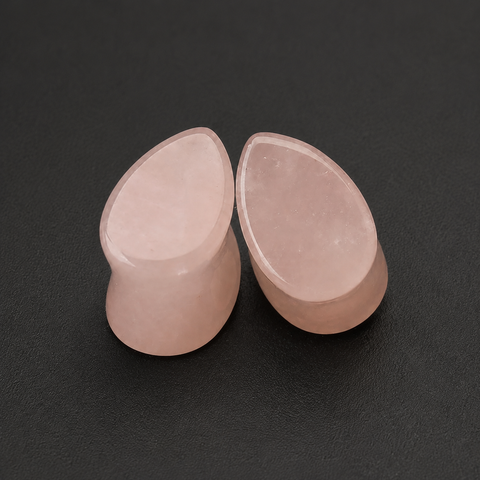 Rose Quartz Teardrop Stone Plugs - Natural Pink Crystal Double Flare Saddle Ear Gauges (Pair)