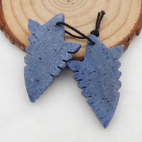 Paire de boucles d'oreilles en corail bleu sculpté en forme de coquillage, 39 x 21 x 5 mm, 6,3 g