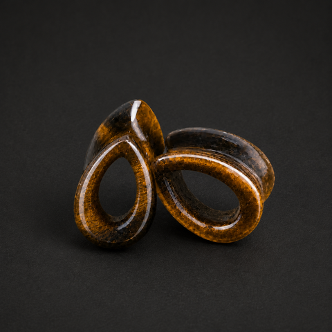 Natural Tiger Eye Teardrop Hollow Plugs — Handcrafted Gemstone Ear Gauge Pair