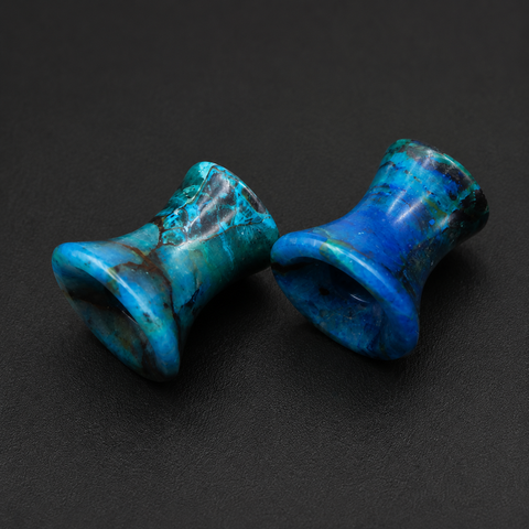 Natural Chrysocolla Mayan Flare Ear Tunnels - Hand-Carved Gemstone Plugs (Sold as Pair)