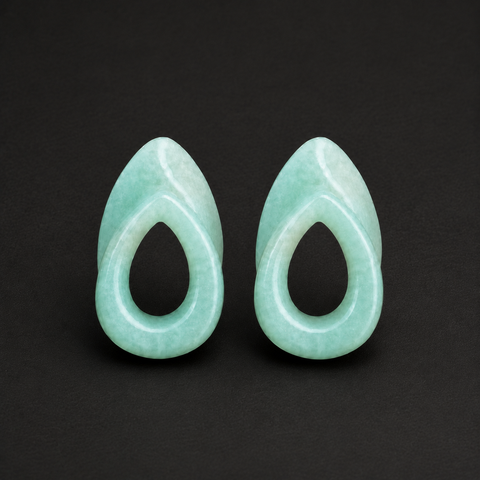 Natural Amazonite Teardrop Hollow Plugs — Handcrafted Gemstone Ear Gauge Pair