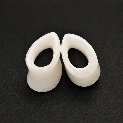 Natural White Jade Teardrop Hollow Plugs — Handcrafted Gemstone Ear Gauge Pair