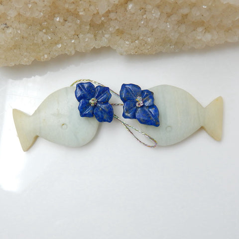 Nouveau poisson sculpté en pierres précieuses naturelles Amazonite avec lapis lazuli ntarsia mode paires de boucles d'oreilles en pierres précieuses, 28x18x3mm, 10x10x2mm, 7g