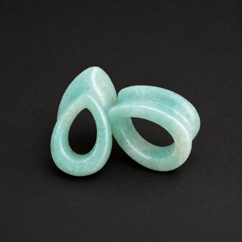 Natural Amazonite Teardrop Hollow Plugs — Handcrafted Gemstone Ear Gauge Pair
