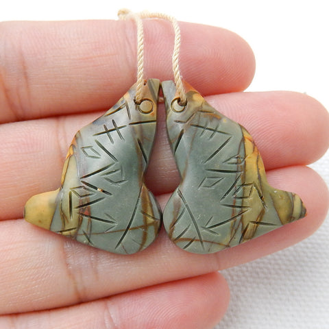 天然雕刻鱼红溪碧玉耳环一对,28x16x5mm,6.3g
