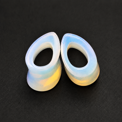 Opalite Teardrop Hollow Plugs — Handcrafted Iridescent Glass Ear Gauge Pair