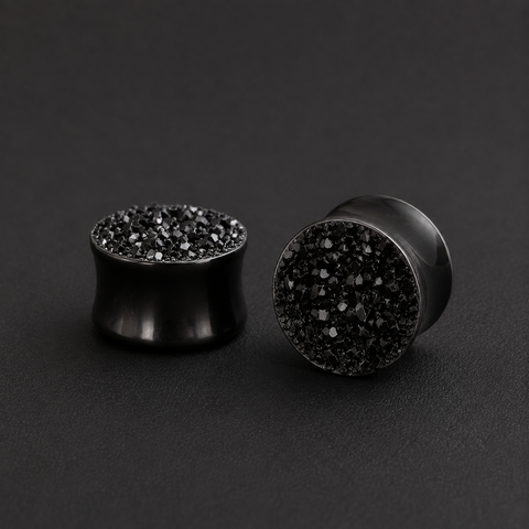 Black Druzy Ear Plugs, Sparkling Resin Crystal Cluster Gauges, Faux Quartz Double Flare Plugs, Dark Aesthetic Body Jewelry Gift