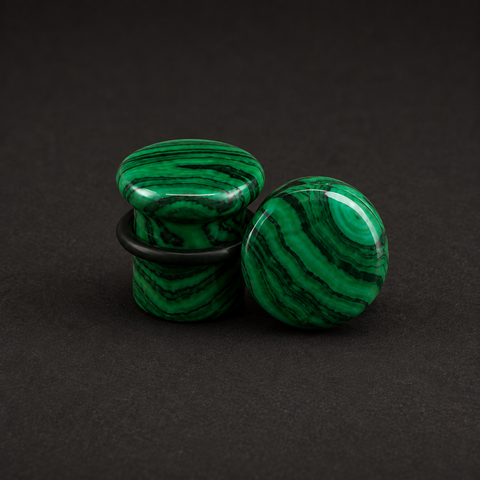 Malachite Single Flared Plugs - Handcrafted Gemstone Gauge Pair