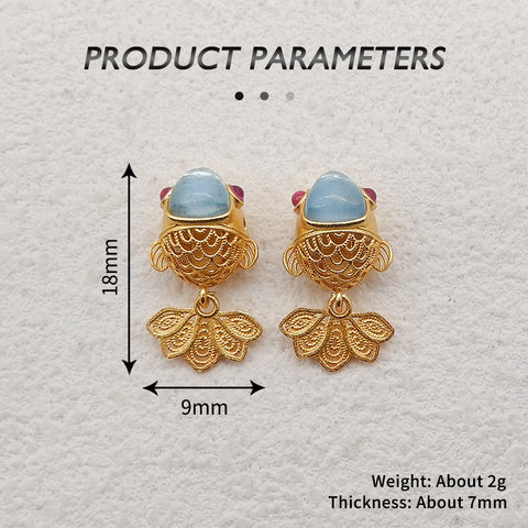 1 Pair Silver Gold Plated Natural Blue Aquamarine Koi Gemstone Earring Beads,Lovely Earring Pair for Design,18x9x7mm,2g