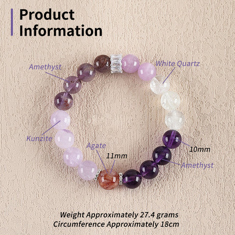 BITEFU Handmade Natural Amethyst And White Quartz, Kunzite And Agate,Colorful Gemstone Bracelet, Unique Gemstone Jewelry , 27.4g