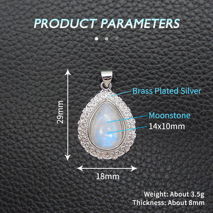 Natural Moonstone Brass Plated Silver Pendant Bead, Gemstone Jewelry Gift 29x18x8mm, 3.5g