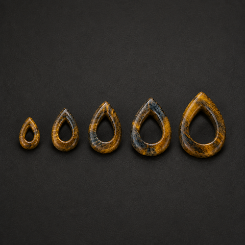 Natural Tiger Eye Teardrop Hollow Plugs — Handcrafted Gemstone Ear Gauge Pair