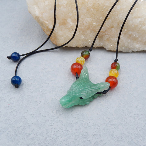 Natural Green Aventurine Carved wolf head And Beads Agate Pendant Necklace 37x21x12mm, 19.5g