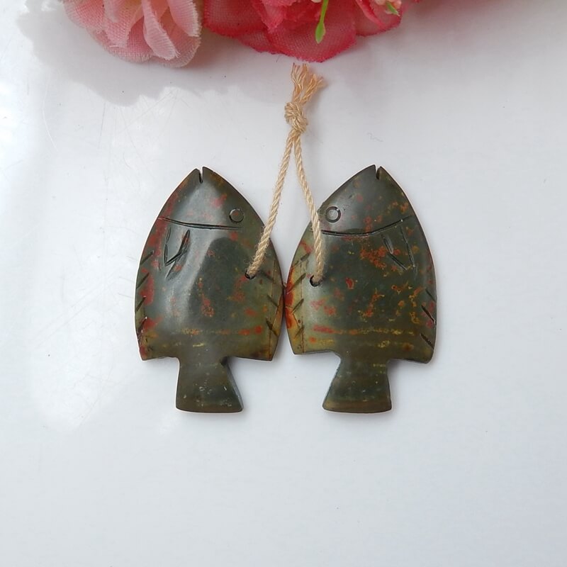 Hot sale Multi-Color Picasso jasper Carved fish Earrings Pair, stone for Earrings making, 32x19x4mm, 7.2g - MyGemGarden