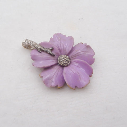 Pendentif fleur en argent avec 5 pétales sculptés à la main en fluorite violette, 30x7 mm, 5,7 g