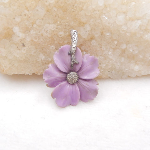 Pendentif fleur en argent avec 5 pétales sculptés à la main en fluorite violette, 30x7 mm, 5,7 g